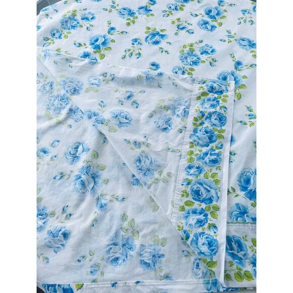 Vintage 70s flat/top sheet, blue roses floral, twin size bed, Wabasso - Picture 4 of 8